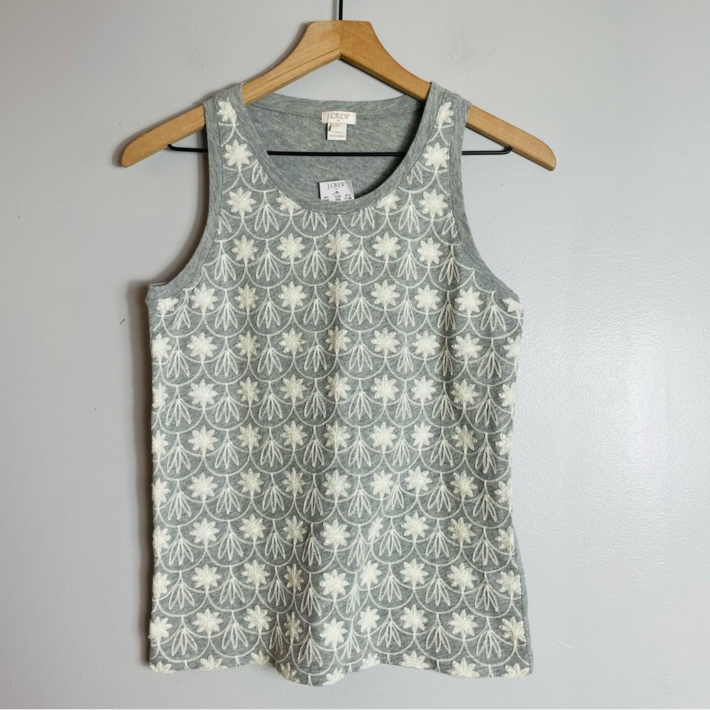 J. Crew Grey Tank Top Cream Embroidery
